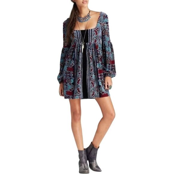Free People‎ Womens Boho Babydoll Floral Velvet Long Sleeve Dress XS - Picture 1 of 9